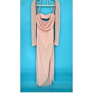 Oh Polly Pink Beaded Cowl Neck Maxi Dress Open Back Long Sleeve US 14 Prom Gala